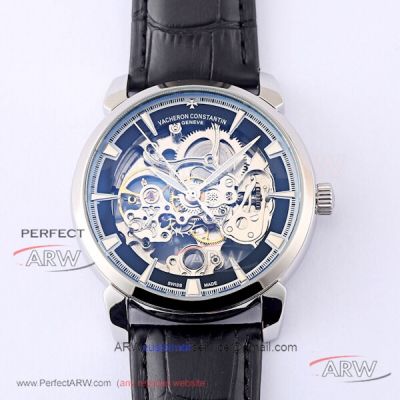 Perfect Replica Vacheron Constantin Traditionnelle Skeleton Dial Black Leather Strap 42mm Watch